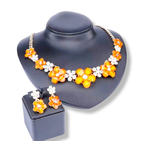 18K gold plated Orange crystal flower necklace earrings set - Picture 4 of 13